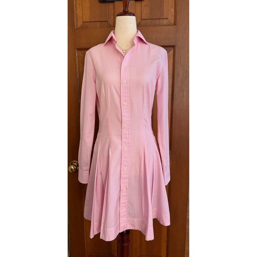 Ralph Lauren Tailored Fit Shirt Dress Womens Size 2 Pink Cotton Preppy Button-Up